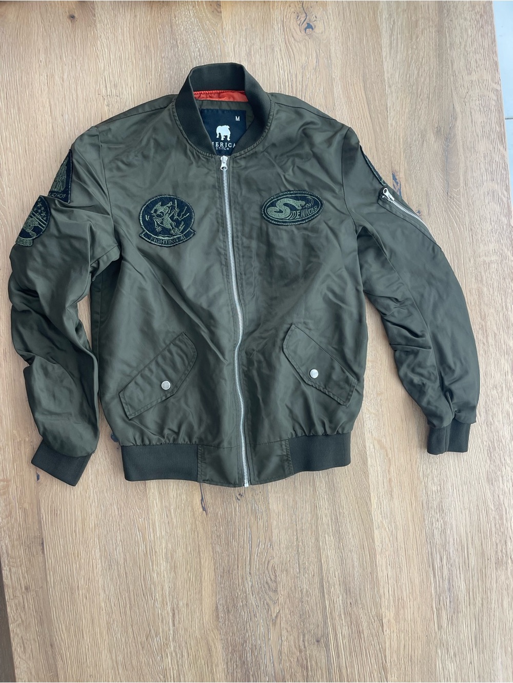 American Stitch Olive Green Bomber Jacket with Patch Accents
